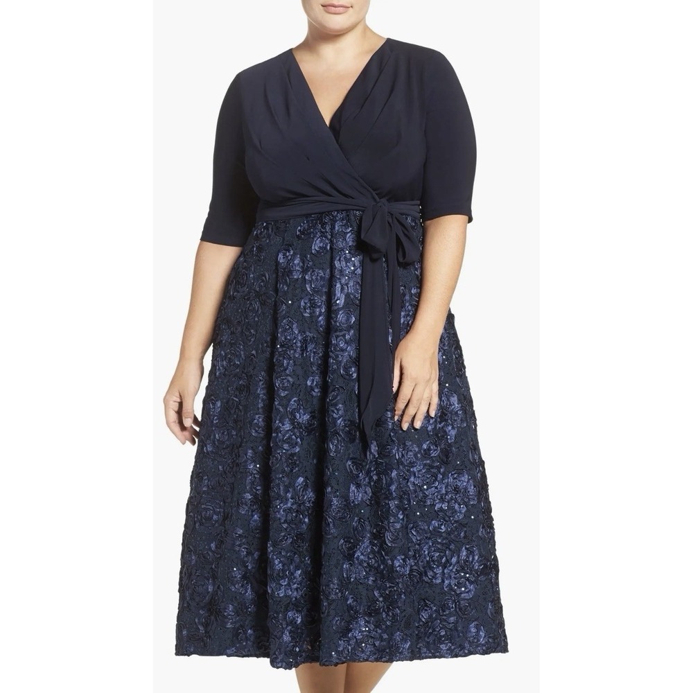 Alex Evenings Tea Length Jersey & Rosette Lace Dress Blue Size 24W